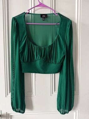 privy Emerald Green Sheer Long Sleeve Crop Top